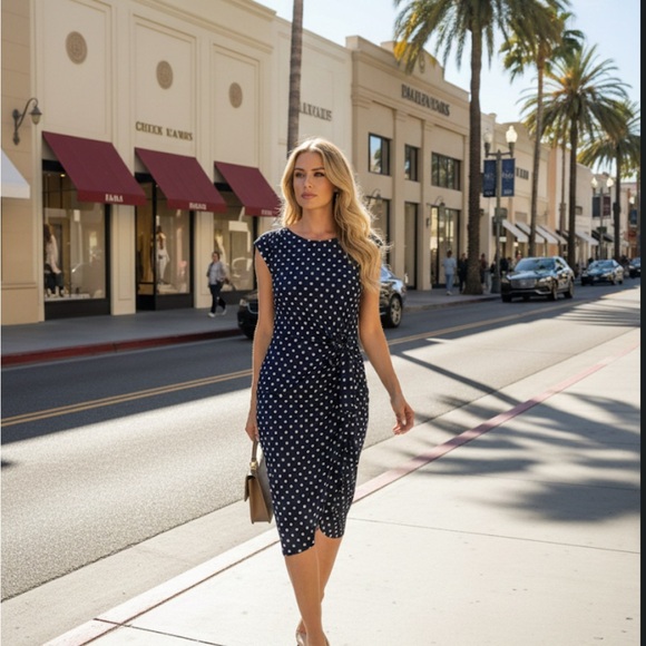 connected apparel Dresses & Skirts - Connected Apparel Polka Dot Midi Dress in Navy and White